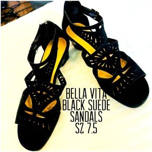 Bella Vita women black suede leather sandals open toe low wedge heel  Sz 7.5
